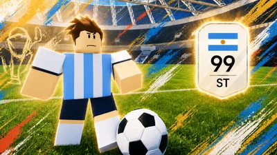 Build A Soccer Squad in-game screenshot showing a Roblox character in an Argentina kit beside a 99 OVR ST player card, official Roblox media