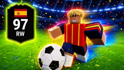 Build A Soccer Squad card pack opening screen revealing a 97 OVR Spain RW card, official Roblox media