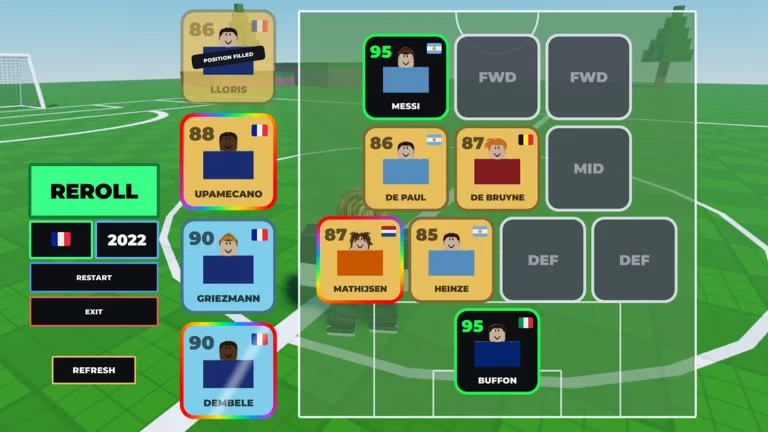 Build A Soccer Squad Starting XI squad-builder screen with filled FWD/MID/DEF slots, a bench of unassigned cards, and Reroll/Refresh buttons, official Roblox media